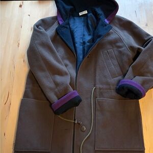 Braefair Vintage Women’s Brown Hooded wool Coat with Purple Trim